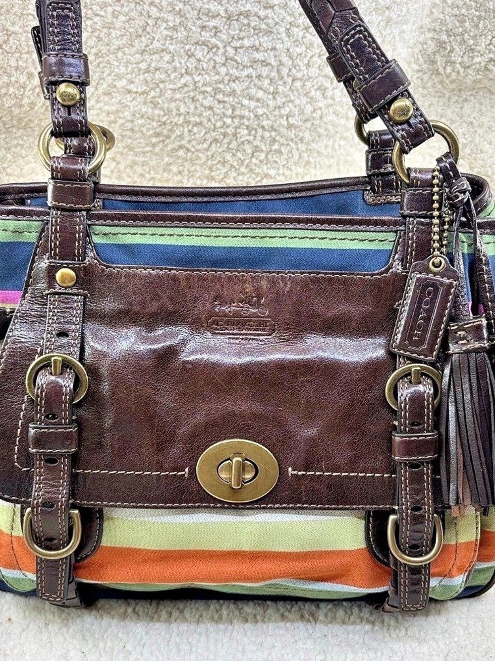 Coach Soho Multicolored Stripe Demi Flap Bag Striped Shoulder Bag in Brown &